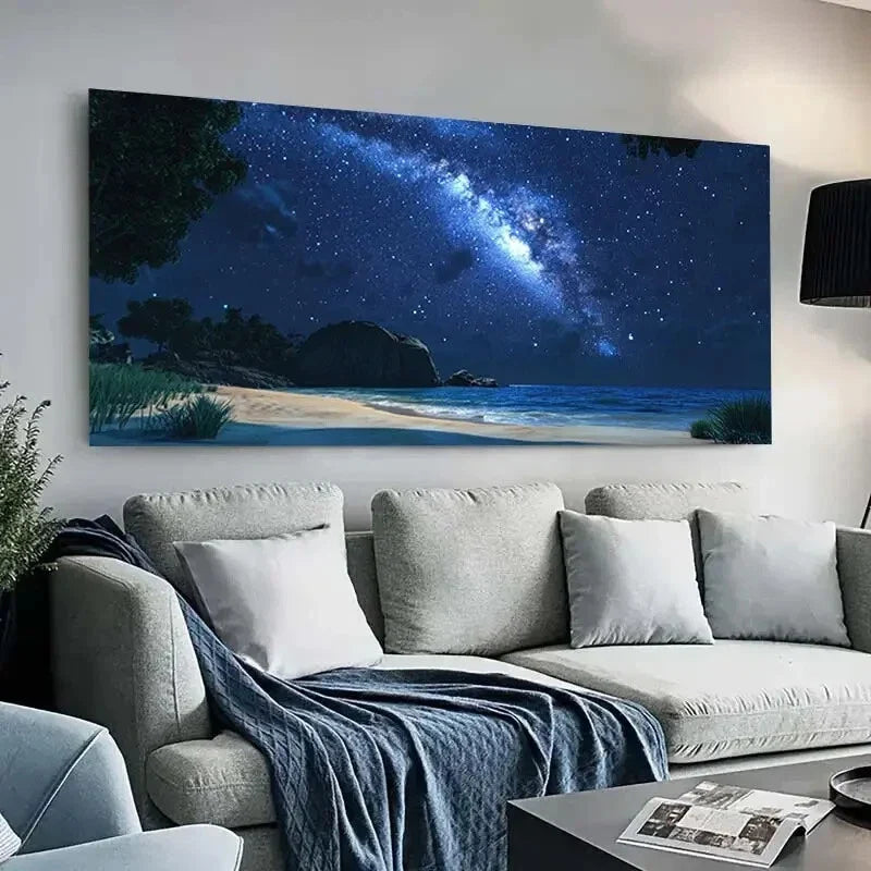 Vibrant Starry Night Beach wall canvas office home room framed 120x60cm