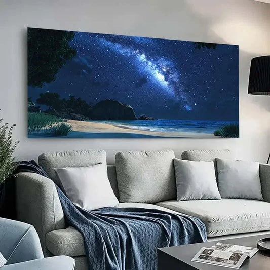 Vibrant Starry Night Beach wall canvas office home room framed 120x60cm