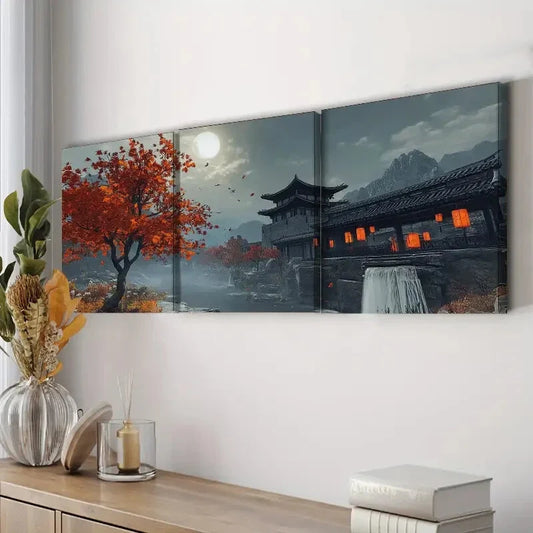 3pcs Chinese Style Architecture Nature Perfect Wall Art Set Canvas Framed 40x60cm - High Quality Print 100% Australian Made Wall Canvas Ready to Hang