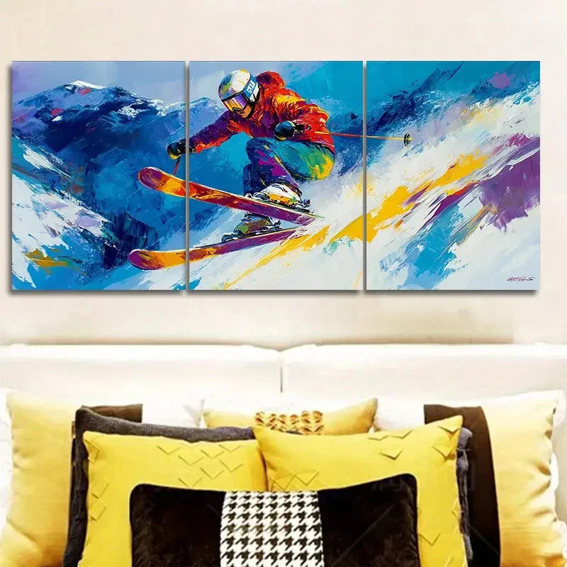 3pcs Paintings Featuring a Skier  Wall Art Set Canvas Framed 40x60cm - High Quality Print 100% Australian Made Wall Canvas Ready to Hang