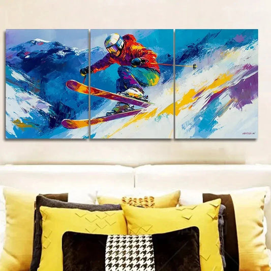 3pcs Paintings Featuring a Skier  Wall Art Set Canvas Framed 40x60cm - High Quality Print 100% Australian Made Wall Canvas Ready to Hang