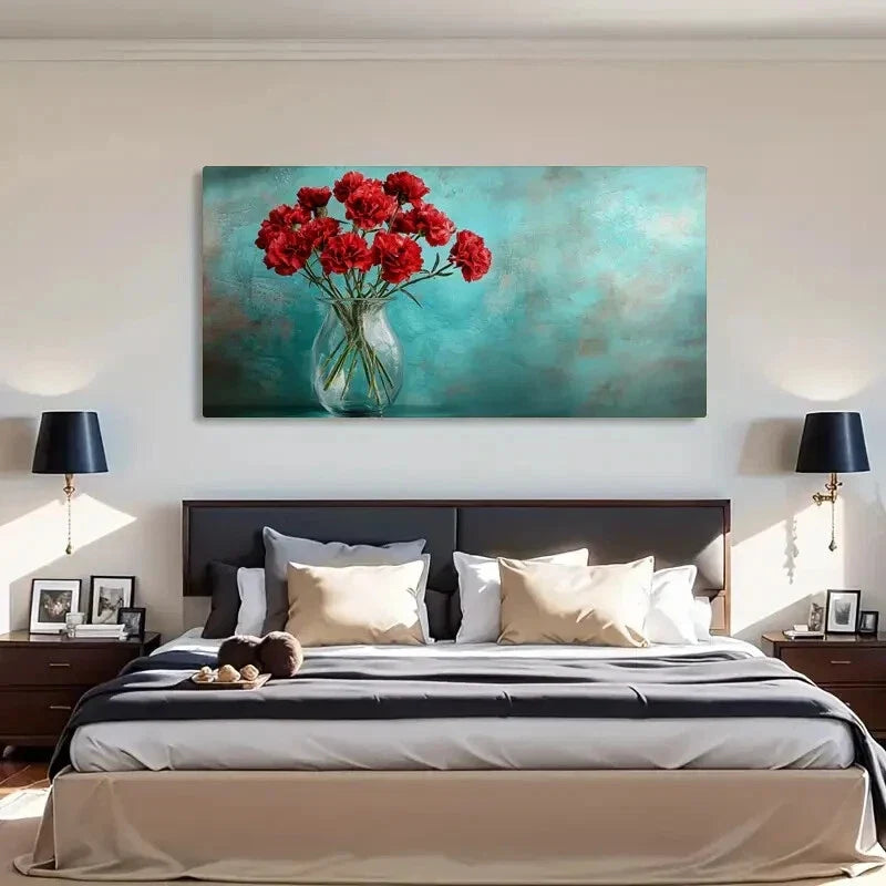 Red Flowers Vase Modern Deco Wall Art Canvas Office Home Room Framed 120x60cm