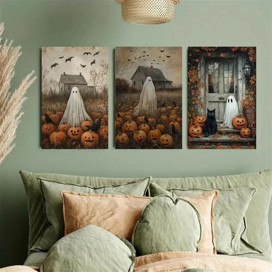 3pcs Ghosts and Black Cats on the Porch Metal Print Ready to Hang Art