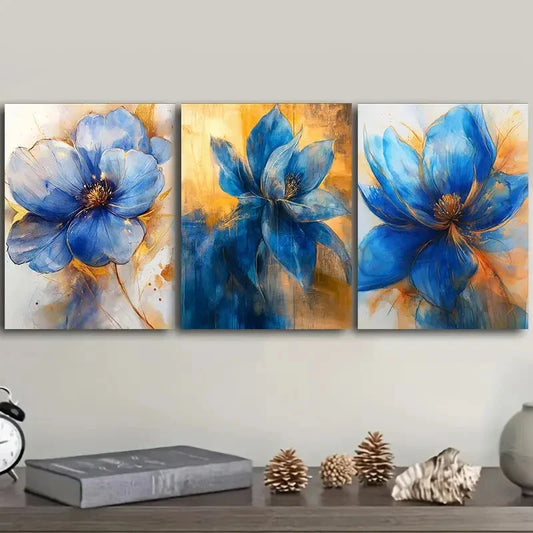 3pcs Blue exotic Flowers Art Painting  Metal Print Ready to Hang Art