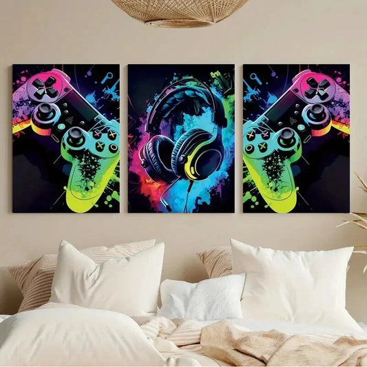 3pcs Neon Game Accessories Theme Fabric Metal Print Ready to Hang Art
