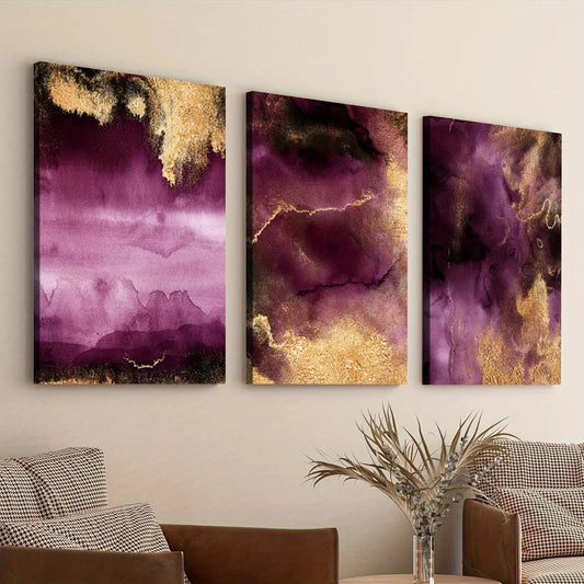 3pcs Golden Abstract Purple Elegant Modern Art Wall Art Set Canvas Framed 40x60cm - High Quality Print 100% Australian Made Wall Canvas Ready to Hang