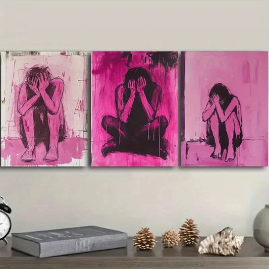 3pcs Pink Trouble Modern Classic Paintings  Metal Print Ready to Hang Art