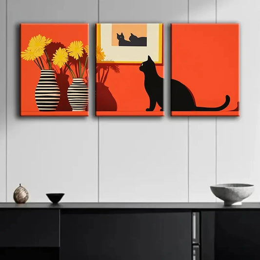 3pcs Black Cat and Yellow Daisy Modern Perfect Wall Art Set Canvas Framed 40x60cm - High Quality Print 100% Australian Made Wall Canvas Ready to Hang