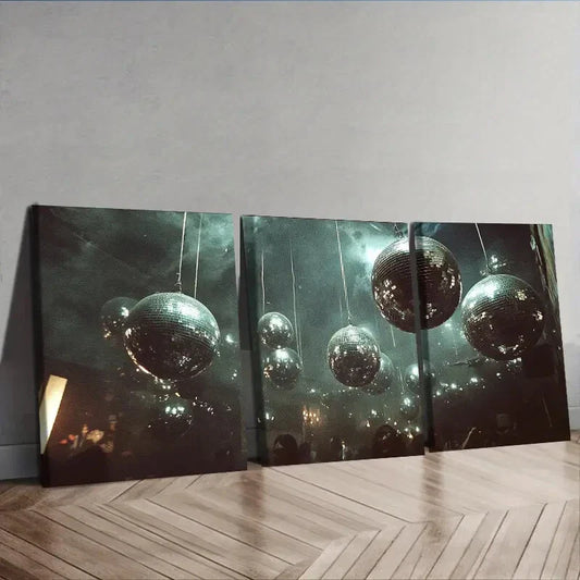 3pcs Silver disco balls hang from the ceiling  Wall Art Set Canvas Framed 40x60cm - High Quality Print 100% Australian Made Wall Canvas Ready to Hang