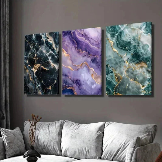 3pcs Gold Black Purple & Blue Marble Texture Wall Art Set Canvas Framed 40x60cm - High Quality Print 100% Australian Made Wall Canvas Ready to Hang