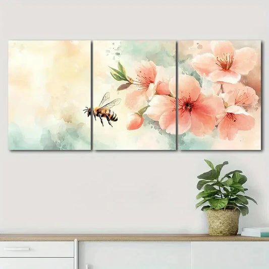 3pcs Vibrant Watercolor Bee & Flower Perfect Wall Art Set Canvas Framed 40x60cm - High Quality Print 100% Australian Made Wall Canvas Ready to Hang