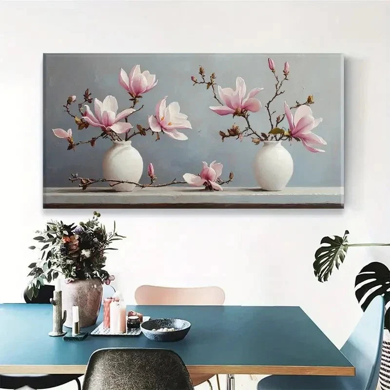 Pink Magnolia Branches in Vases Wall Art Canvas Office Home Room Framed 120x60cm