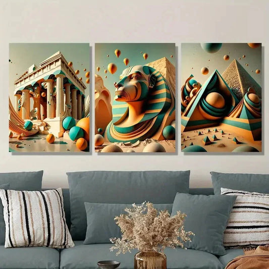 3pcs  Golden Pagoda, Sphinx, Parthenon, travel Metal Print Ready to Hang Art
