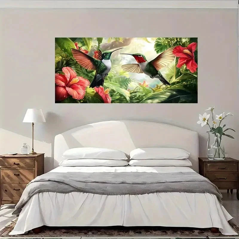 Tropical Garden Hummingbird Wall Art Canvas Office Home Room Framed 80x45cm