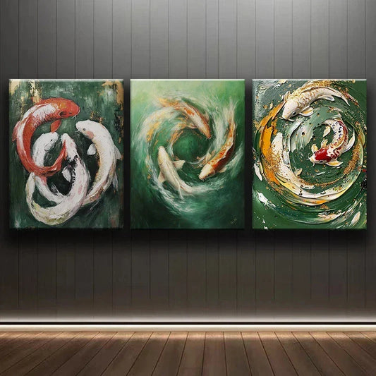 3pcs Group Of Koi Fish In An Oil Painting Metal Print Ready to Hang Art