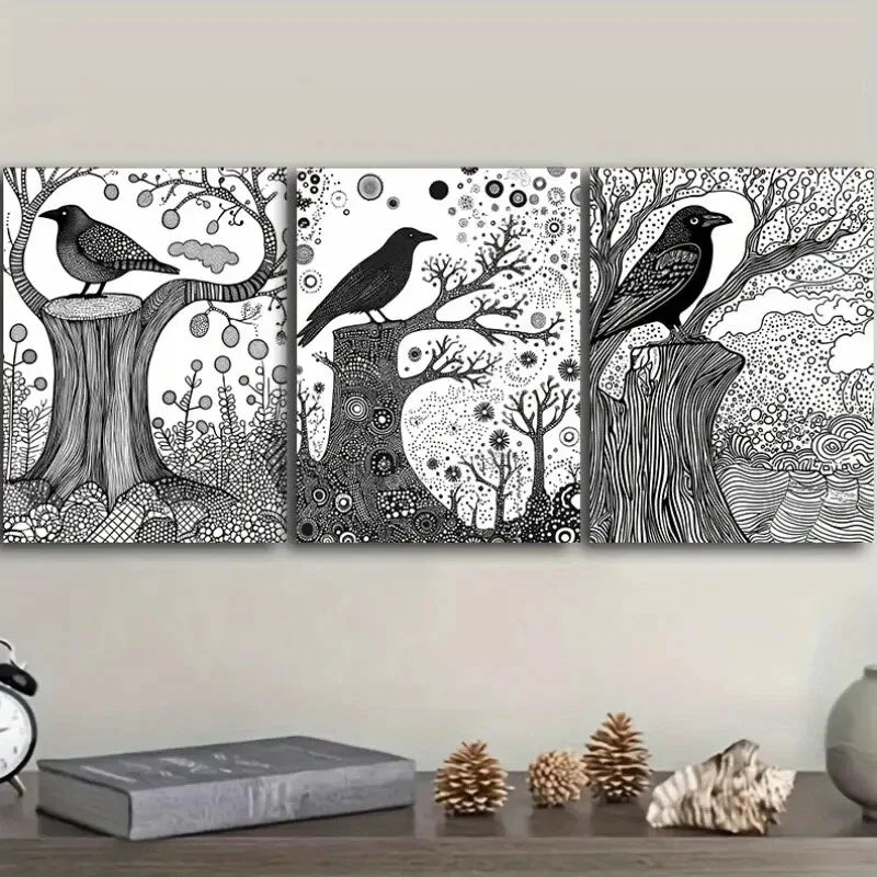3pcs Black & White Nature Scene Intricate Tree Wall Art Set Canvas Framed 40x60cm - High Quality Print 100% Australian Made Wall Canvas Ready to Hang