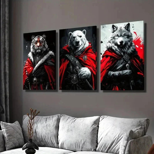 3pcs Cloaked Tigers Bears and Wolves Wall Art Set Canvas Framed 40x60cm - High Quality Print 100% Australian Made Wall Canvas Ready to Hang