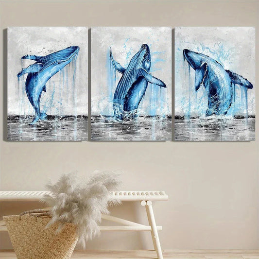 3pcs Blue Grey Whale Abstract Marine Animal Metal Print Ready to Hang Art