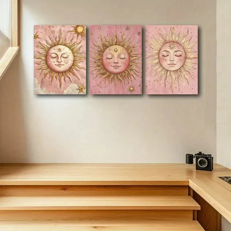 3pcs Sun and Stars Vibrant Pink Background Print Ready to Hang Art