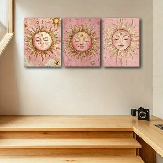 3pcs Sun and Stars Vibrant Pink Background Print Ready to Hang Art
