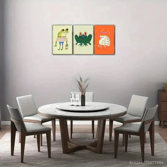 3pcs Abstract Frog Artwork in Blue Green & Yellow Metal Print Ready to Hang Art