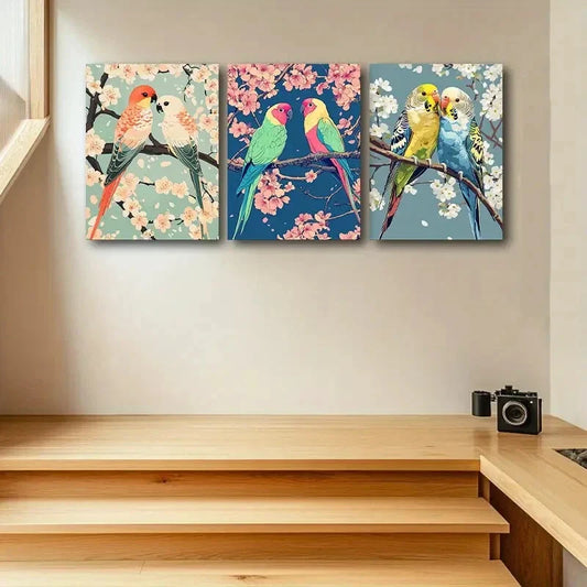 3pcs Two parrots with Florals Metal Print Ready to Hang Art