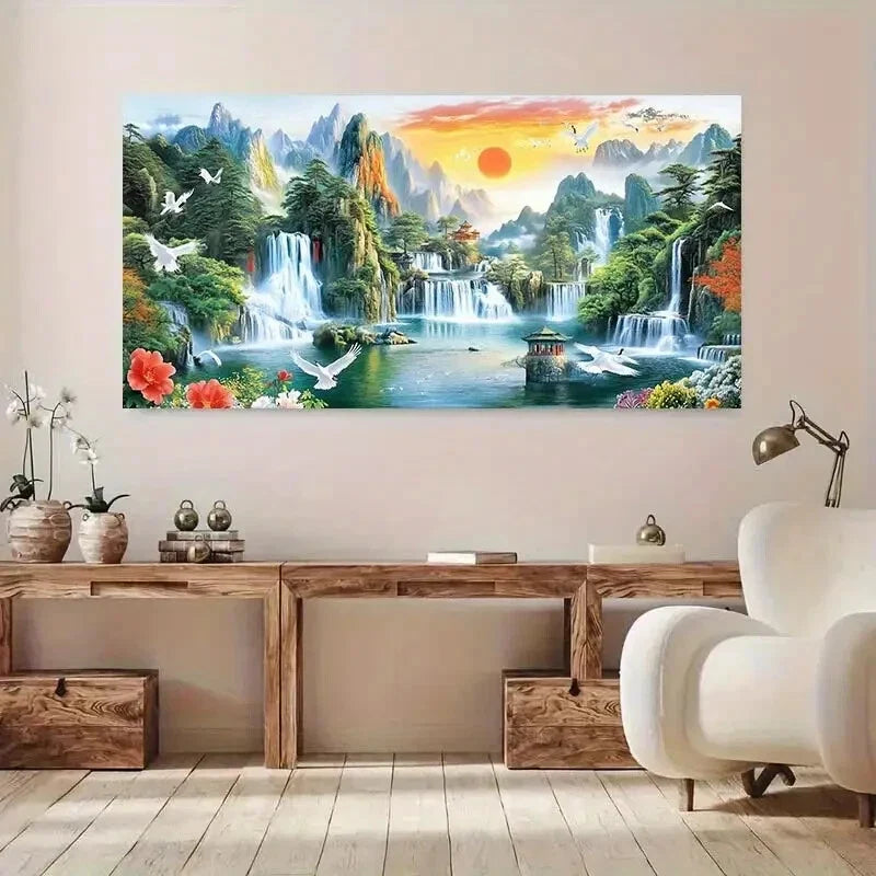 Vibrant Mountain Waterfall wall canvas office home room framed 120x60cm