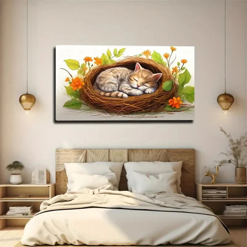 Realistic Sleeping Cat Modern Wall Art Canvas Office Home Room Framed 120x60cm