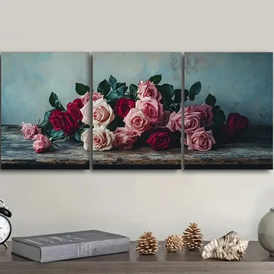 3pcs Oil painting pink and white rose Metal Print Ready to Hang Art