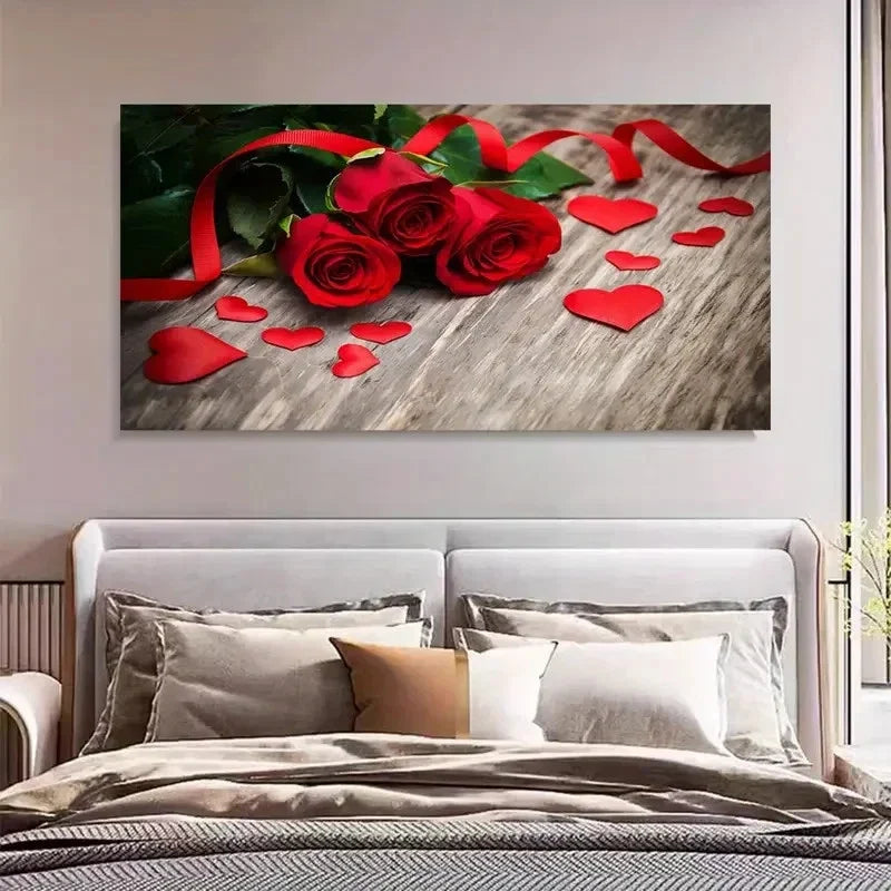 Romantic Red Roses & Love Heart Wall Art Canvas Office Home Room Framed 120x60cm
