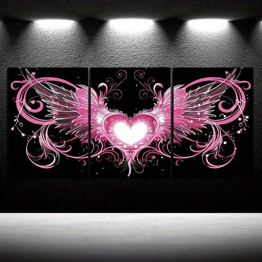 3pcs Wings Of Love Pink & White Metal Print Ready to Hang Art