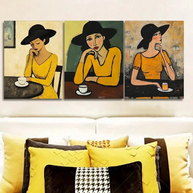 3pcs The woman in the cafe Metal Print Ready to Hang Art