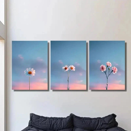 3pcs Simple Daisies and Fresh Sky, Metal Print Ready to Hang Art
