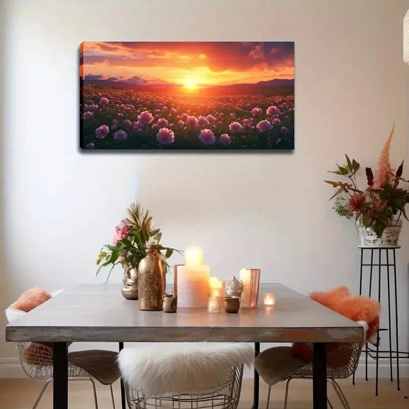 Pink Flower Field Realistic Wall Art Canvas Office Home Room Framed 120x60cm