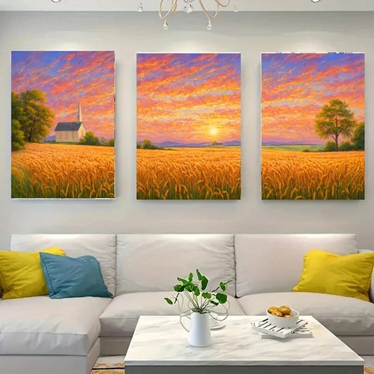 3pcs A Painting of a Sunset Over Metal Print Ready to Hang Art