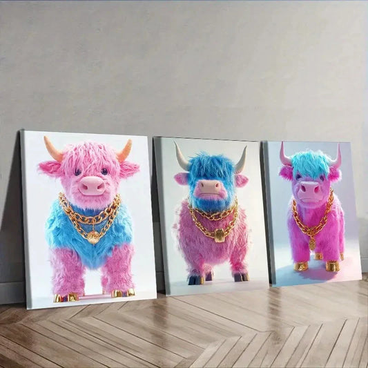 3pcs  Pink Highland Cattle Wall Art Set Canvas Framed 40x60cm - High Quality Print 100% Australian Made Wall Canvas Ready to Hang