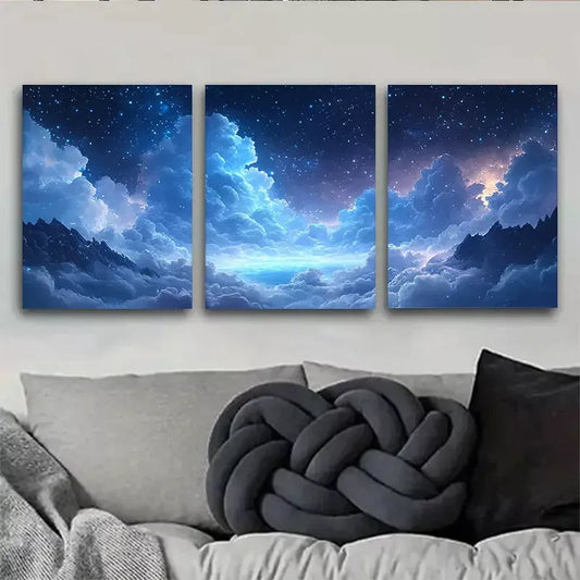 3pcs Starry Night Sky Dreamy Blue Galaxy  Wall Art Set Canvas Framed 40x60cm - High Quality Print 100% Australian Made Wall Canvas Ready to Hang
