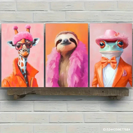 3pcs Colorful Funky Animal Fashion Art Portraits Metal Print Ready to Hang Art