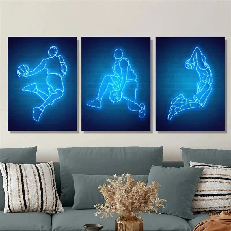 3pcs Neon Basketball Art, Sports Metal Print Ready to Hang Art
