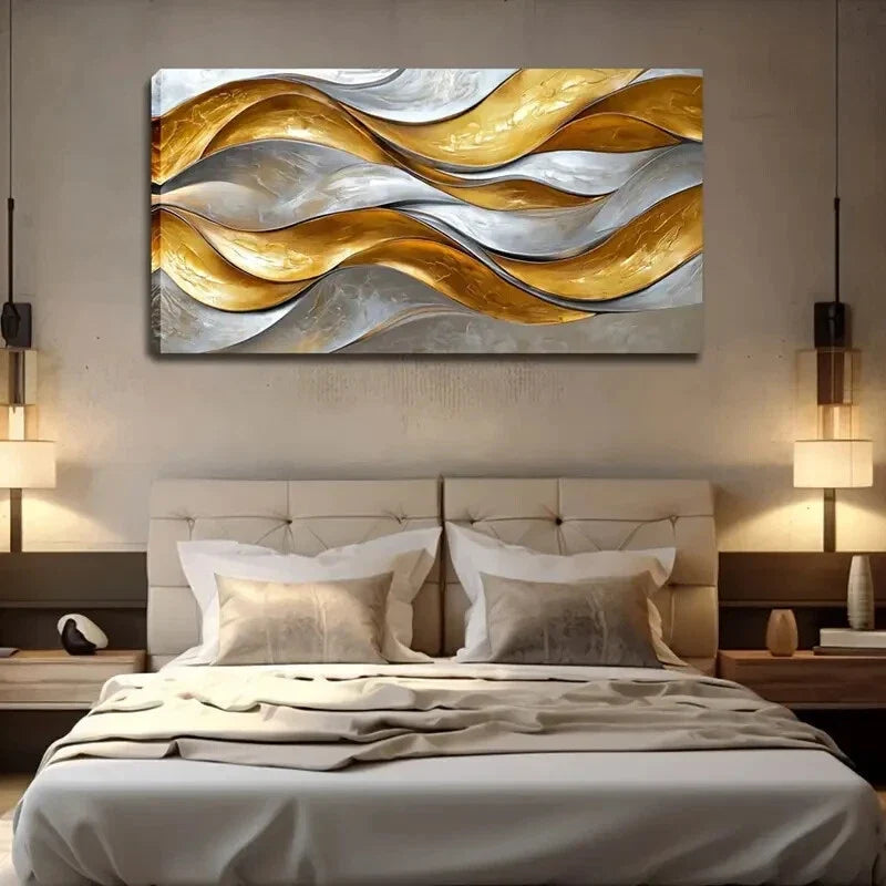 Brown Waves Golden Abstract Wall Art Canvas Office Home Room Framed 80x45cm