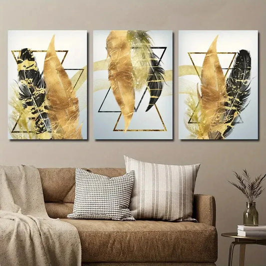 3pcs Black And Golden Feathers And Triangle Metal Print Ready to Hang Art