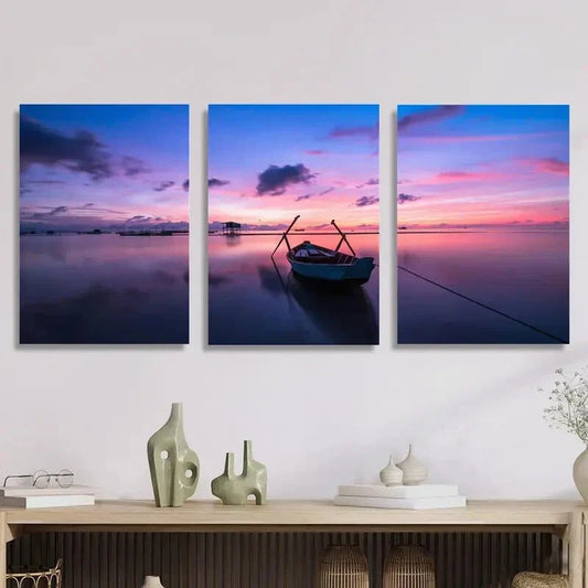 3pcs Ocean Environment Sunset Boat, Metal Print Ready to Hang Art