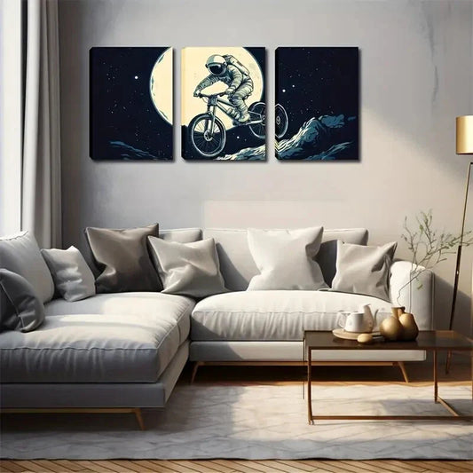 3pcs Vintage Astronaut & Motorcycle Wall Art Set Canvas Framed 40x60cm - High Quality Print 100% Australian Made Wall Canvas Ready to Hang