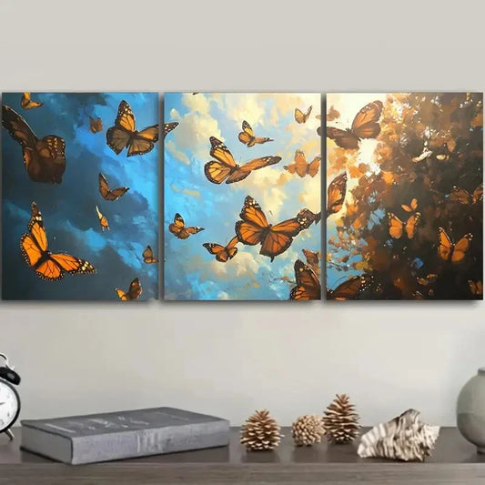 3pcs Butterfly Blue Sky & Orange Trees Design Metal Print Ready to Hang Art