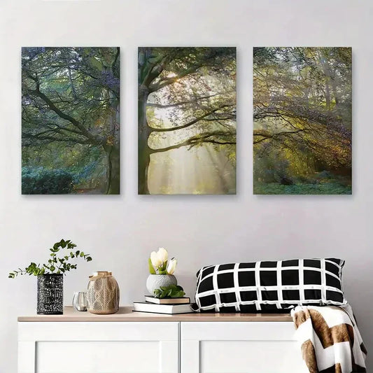 3pcs Sunlight Through Trees Serene Forest Metal Print Ready to Hang Art