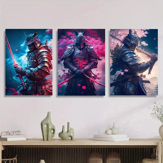 3pcs Japanese Armor & Sword under Cherry Blossom Metal Print Ready to Hang Art