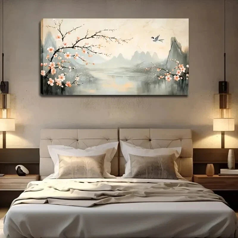 Blooming Plum Trees and Distant Wall Art Canvas Office Home Room Framed 120x60cm