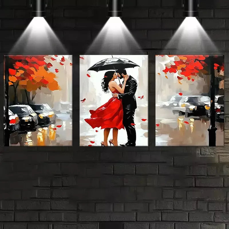 3pcs  Romantic Couple on Road with Umbrella Wall Art Set Canvas Framed 40x60cm - High Quality Print 100% Australian Made Wall Canvas Ready to Hang