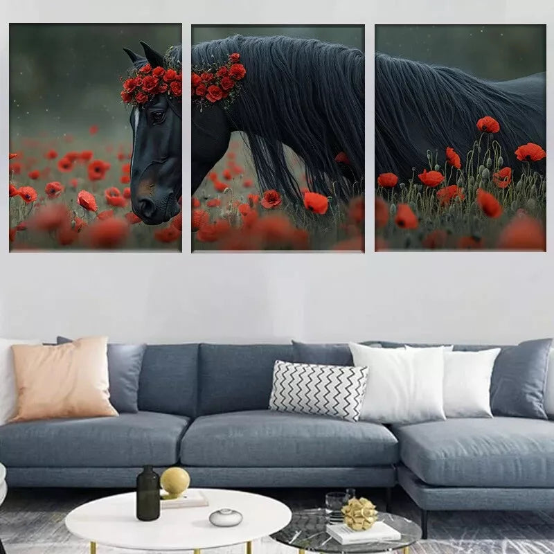 3pcs  Elegant Poppy Field Majestic Black Horse Wall Art Set Canvas Framed 40x60cm - High Quality Print 100% Australian Made Wall Canvas Ready to Hang