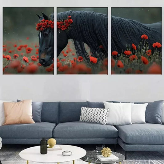 3pcs  Elegant Poppy Field Majestic Black Horse Wall Art Set Canvas Framed 40x60cm - High Quality Print 100% Australian Made Wall Canvas Ready to Hang